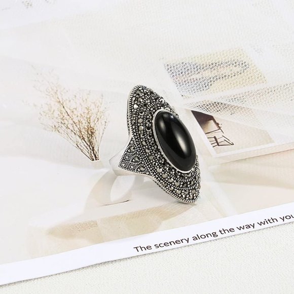 Mytys Retro Vintage Cocktail Statement Ring Black Marcasite and Crystal Rings fo - Picture 8 of 8